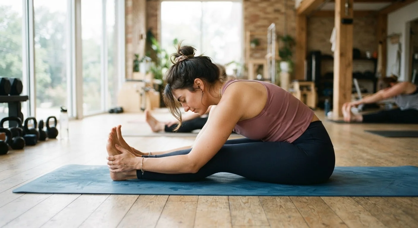 Person doing a static hamstring stretch on a yoga mat after a workout in a bright gym
